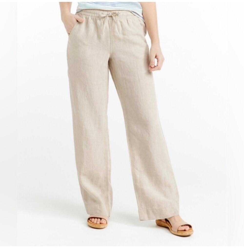 L.L.Bean Pants Womens 14 Petite Oatmeal Premium Washable Linen Pull On Relaxed